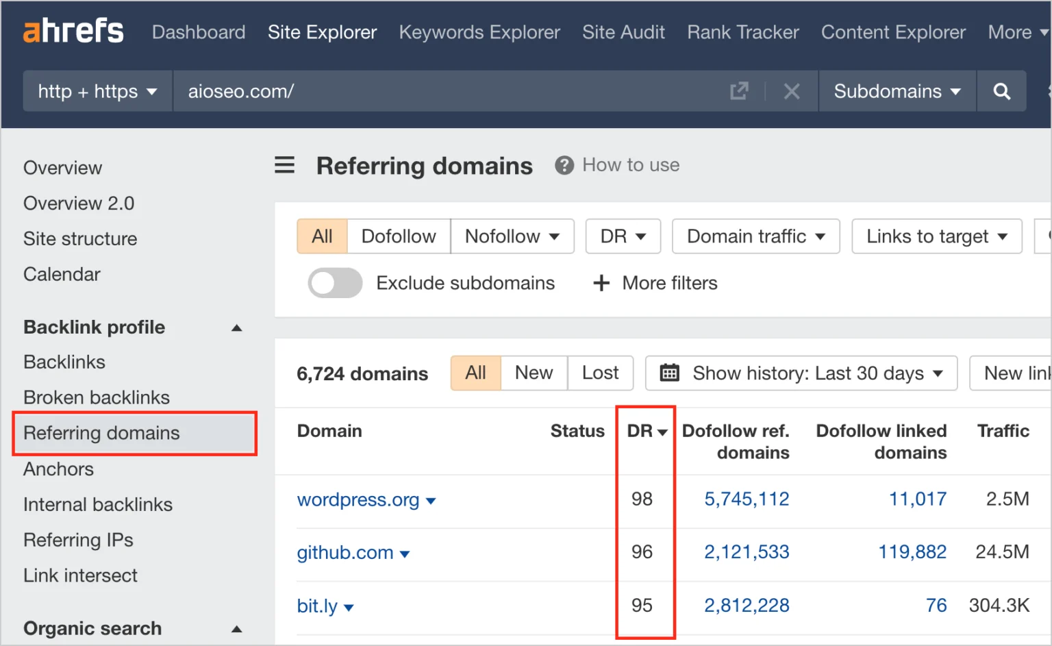 [Screenshot: Referring domains report showing domain rating, dofollow/nofollow breakdown, organic traffic, and first seen date for each linking domain]
