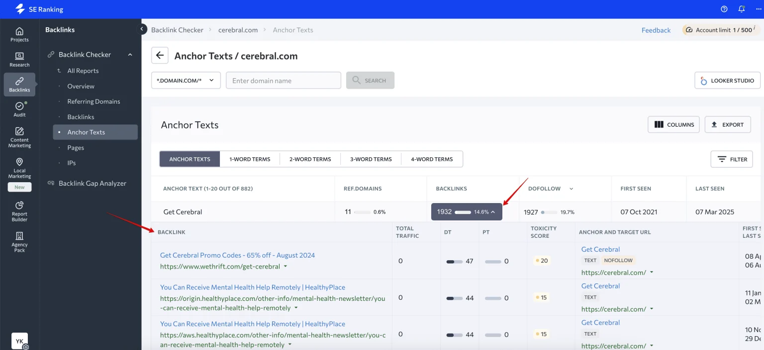 [Screenshot: Expanded view showing individual backlinks from a specific referring domain, including anchor text and target URL]