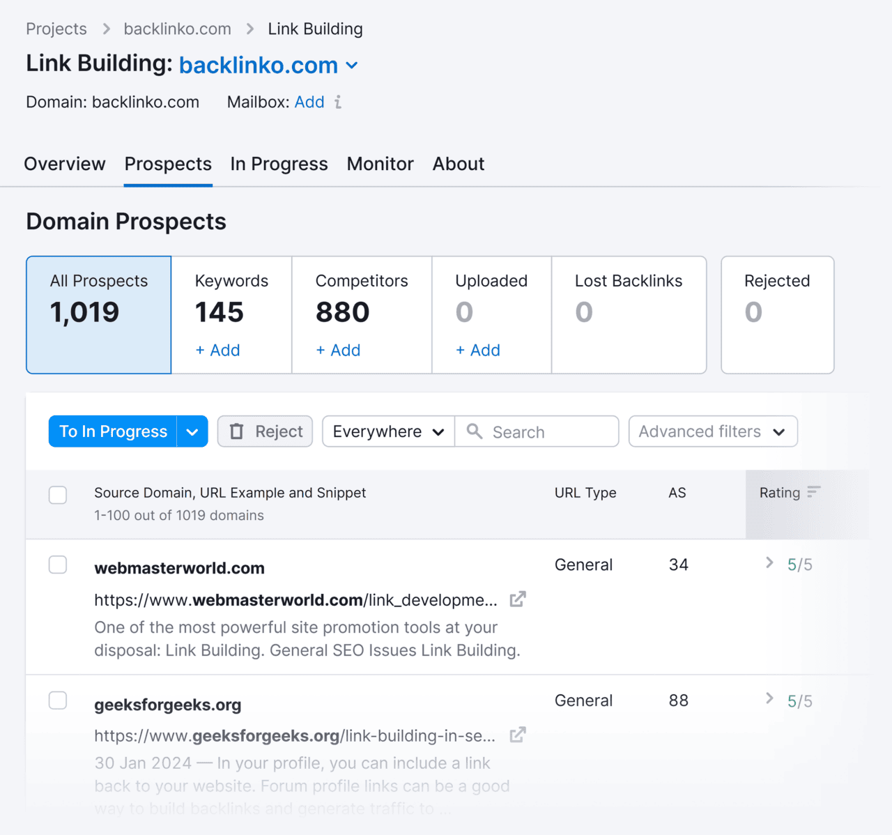 [Screenshot: Content research tool showing results for digital marketing guides that mention email marketing, filtered for one result per domain]