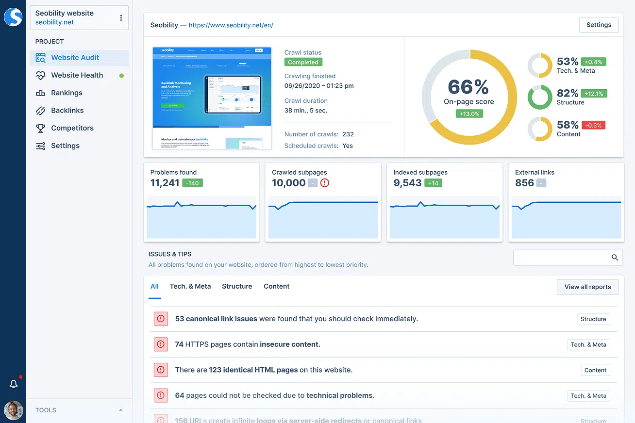 [Screenshot: Example of a site audit showing technical SEO issues to fix]