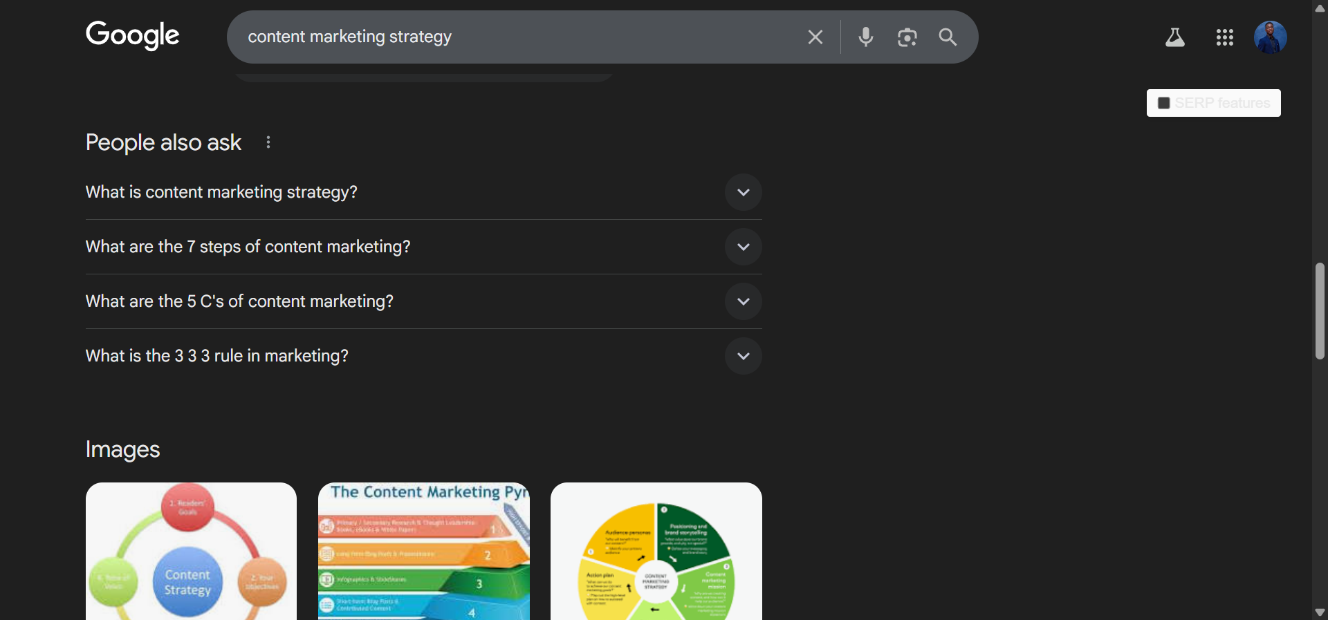 [Screenshot: AlsoAsked interface showing a tree of People Also Ask questions branching from a seed query]