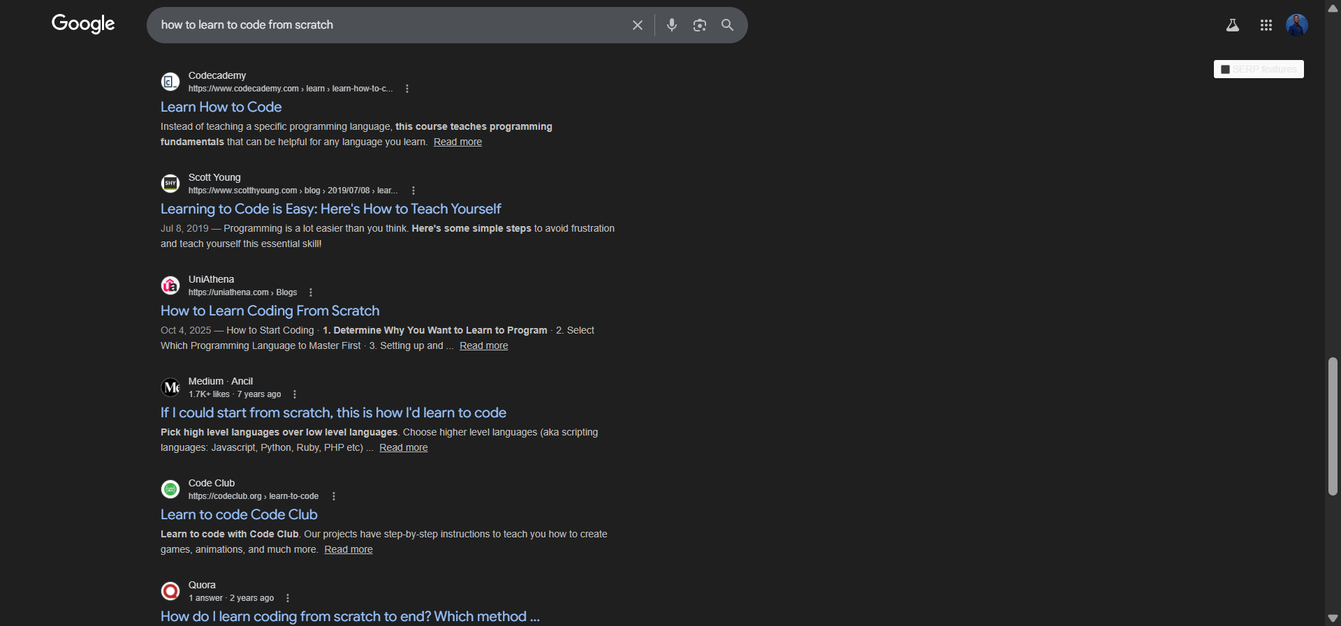 [Screenshot: Google search results page showing the type of content ranking for a keyword, with a mix of blog posts indicating informational intent]