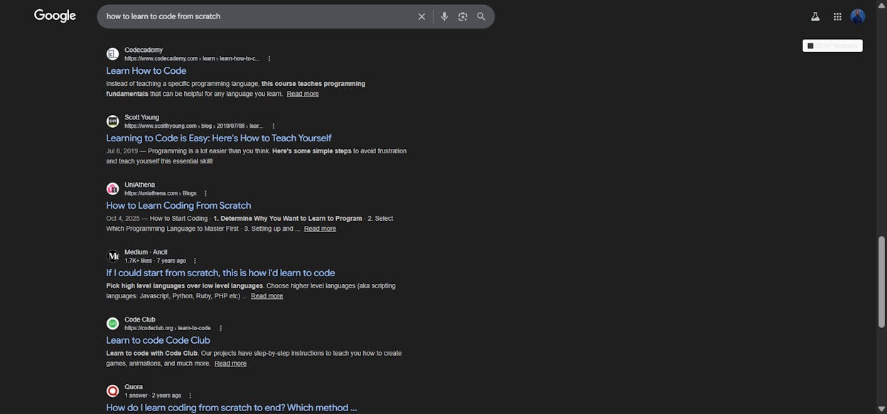 [Screenshot: Google search results page showing the type of content ranking for a keyword, with a mix of blog posts indicating informational intent]