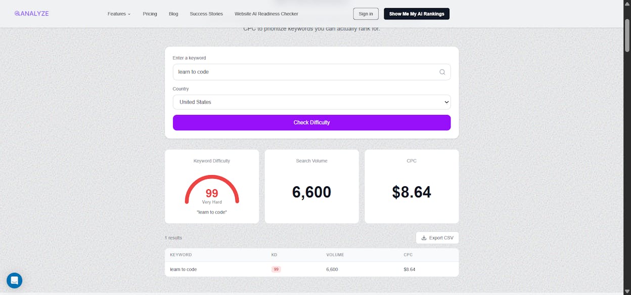 [Screenshot: A keyword difficulty tool showing KD scores for a list of keyword ideas, with filters applied to show only low-difficulty opportunities]