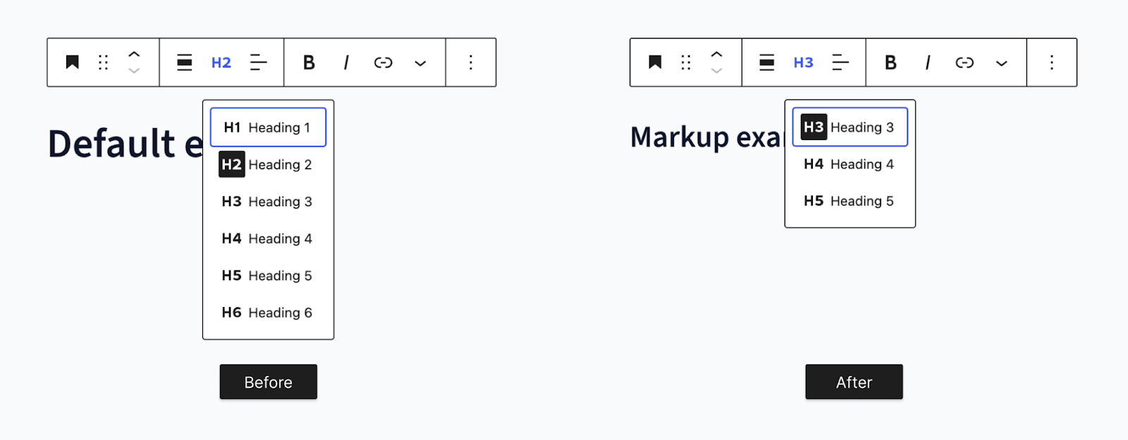 [Screenshot: WordPress block editor heading block showing the heading level dropdown with H2 selected]
