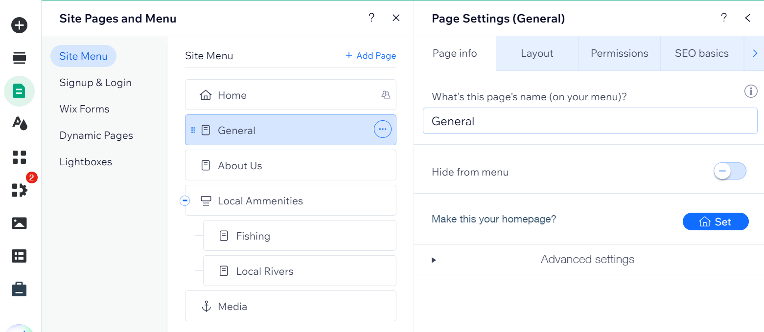 [Screenshot: Wix Editor with the text settings panel open, showing the H1 styling option selected for the main page title]