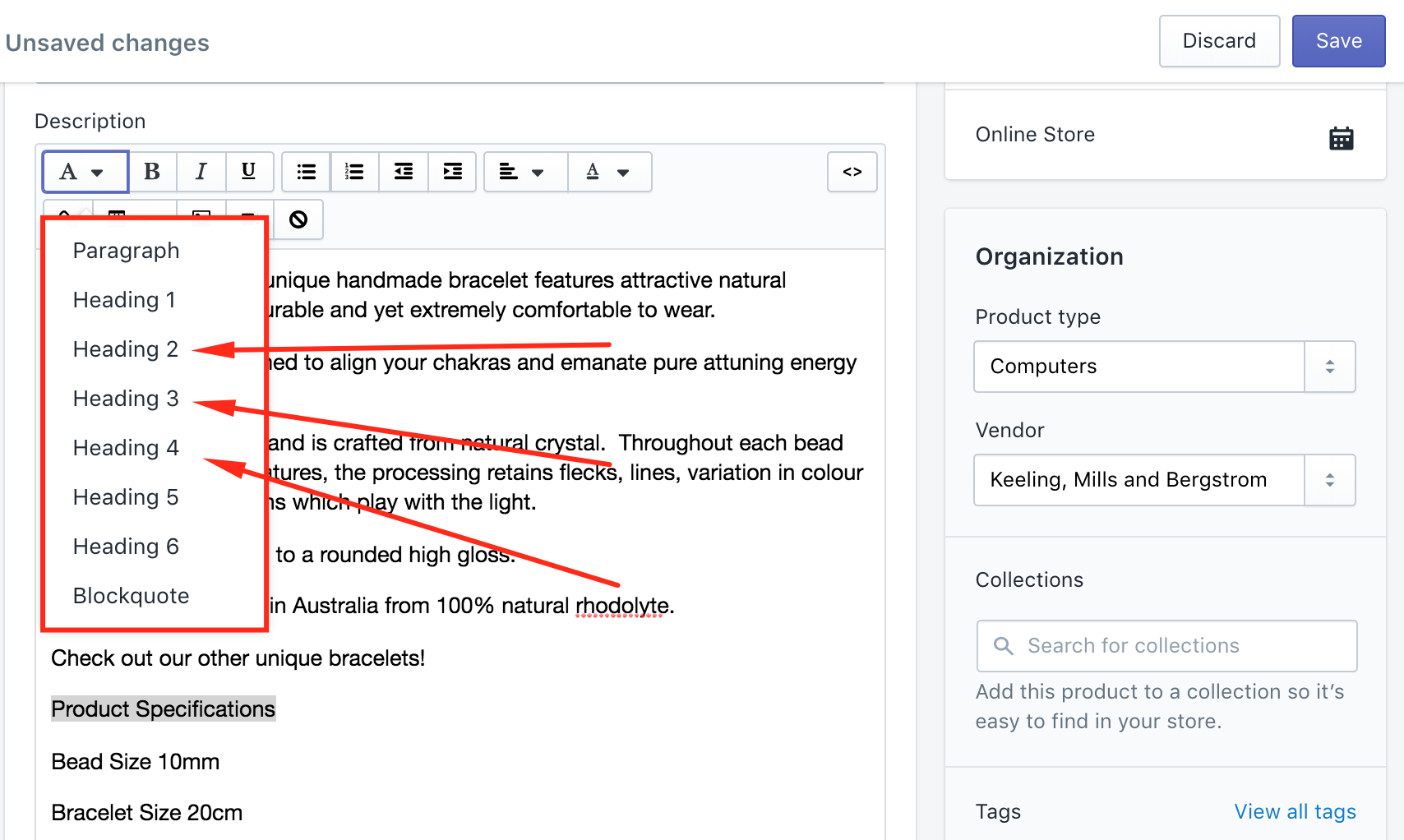 [Screenshot: Shopify admin Rich Text editor showing the heading formatting dropdown]