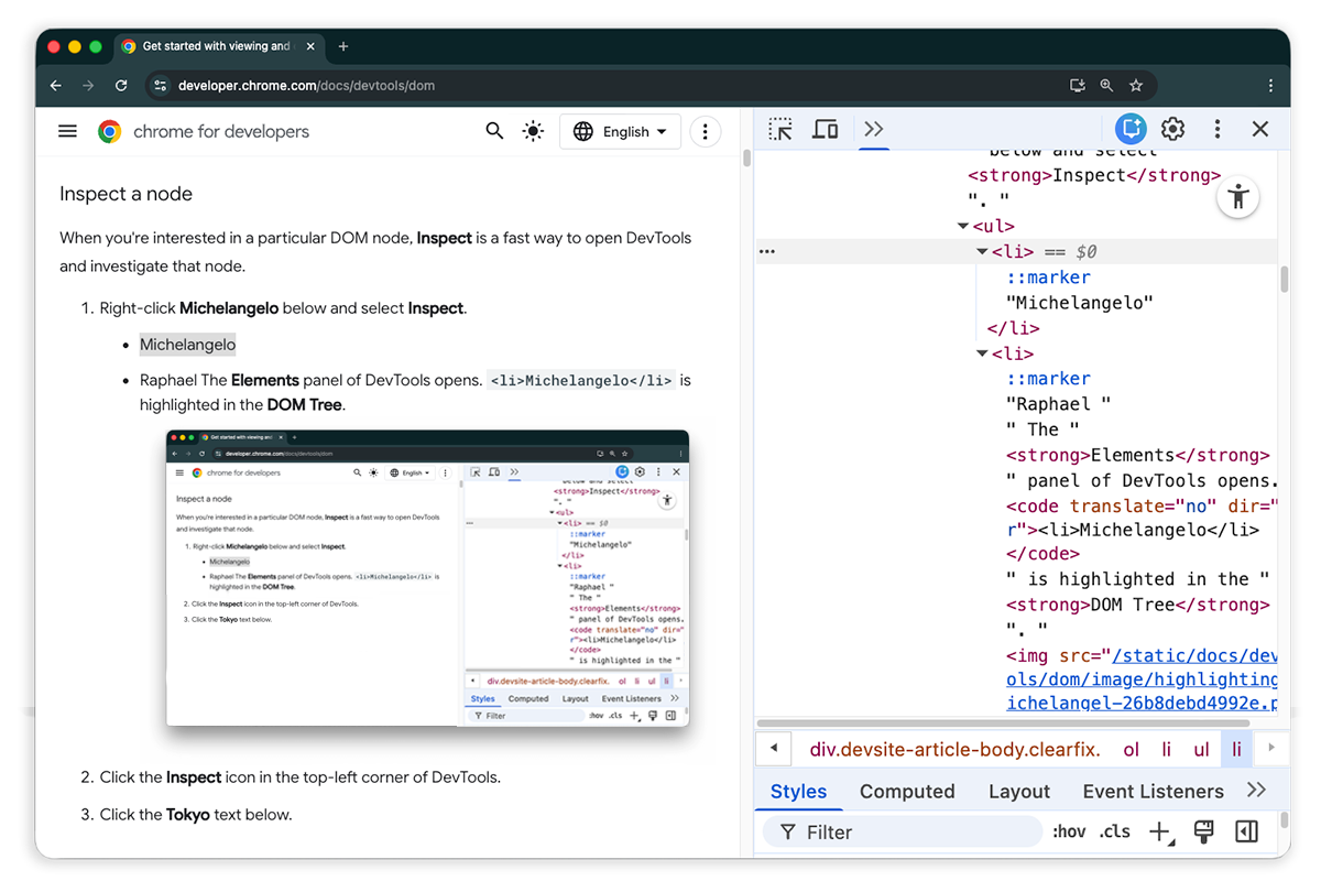 [Screenshot: Browser right-click menu showing &ldquo;Inspect&rdquo; option, followed by the DevTools panel with the H1 element highlighted in the DOM]