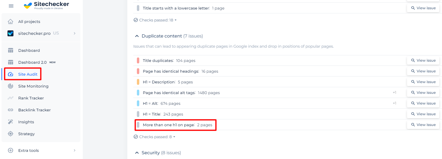 [Screenshot: A site audit report filtered to show pages with multiple H1 tags, with a column showing the actual H1 text for each]