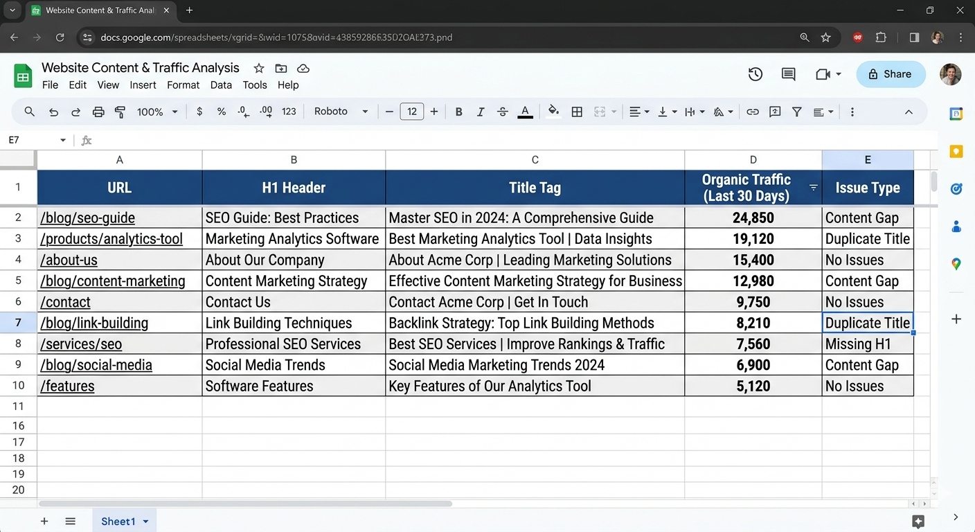 [Screenshot: A spreadsheet with columns for URL, H1, Title Tag, Organic Traffic, and Issue Type, sorted by traffic in descending order]