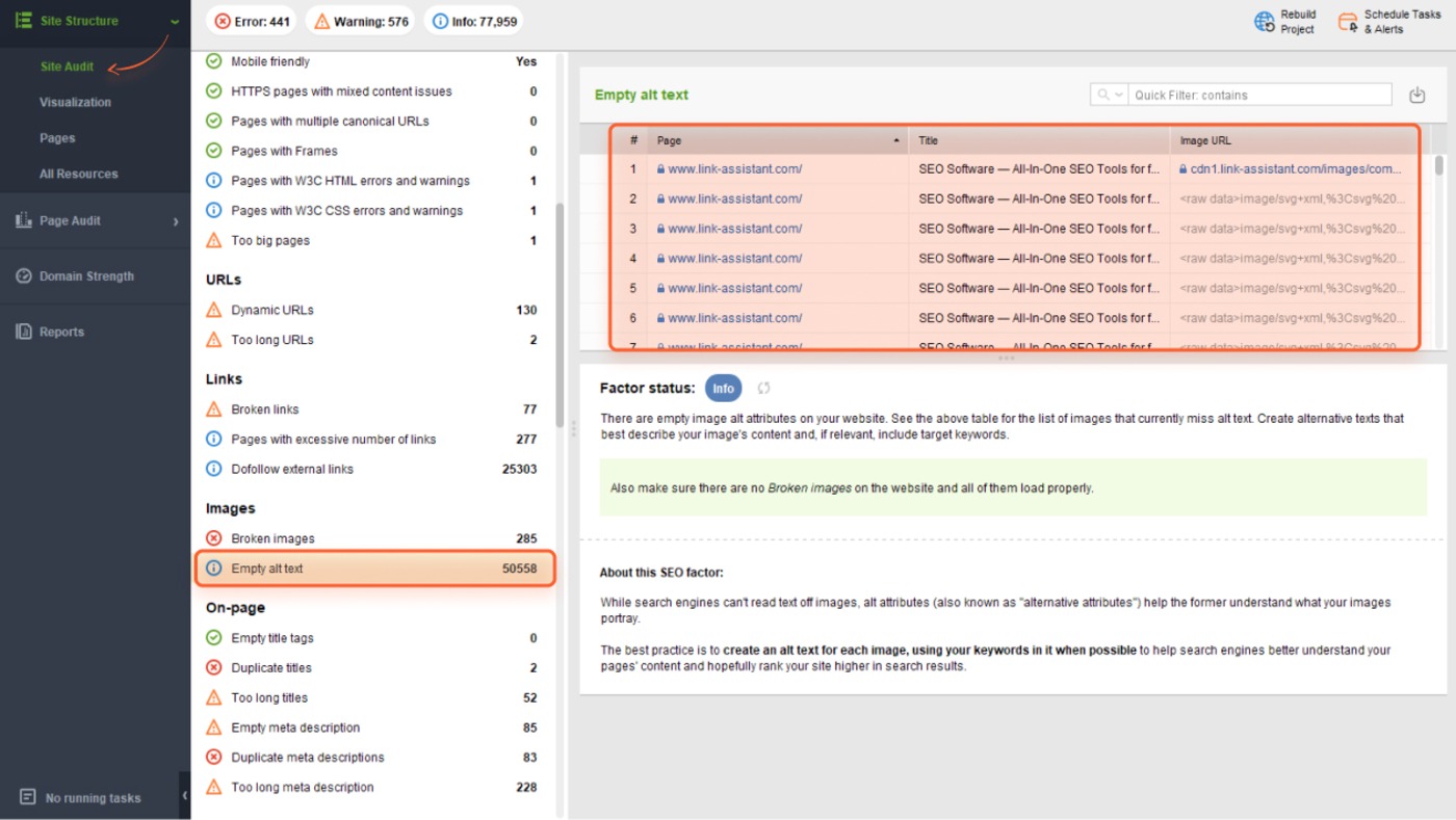 [Screenshot: Site audit tool showing missing alt text report on image elements]
