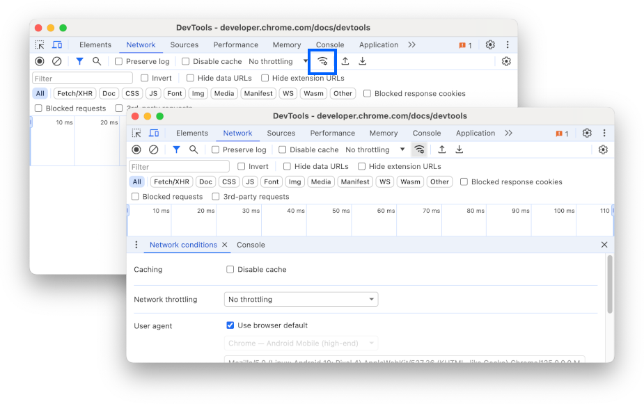 [Screenshot: Chrome DevTools Network conditions panel showing user-agent override options]