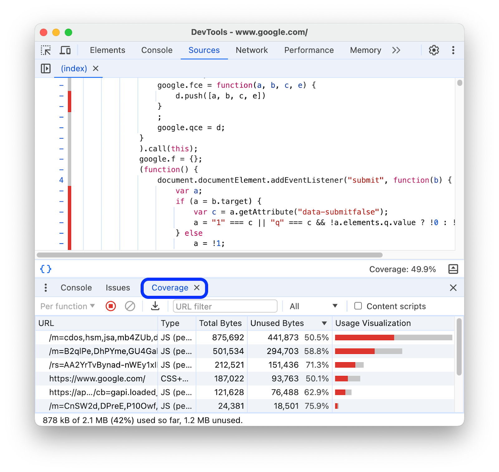 [Screenshot: Chrome DevTools Coverage tab showing JavaScript usage analysis with unused code highlighted]