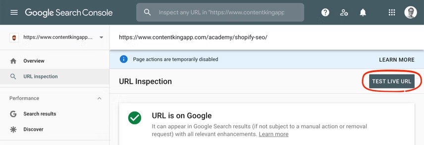 [Screenshot: Google Search Console URL Inspection tool showing the rendered HTML and screenshot for a JavaScript-heavy page]