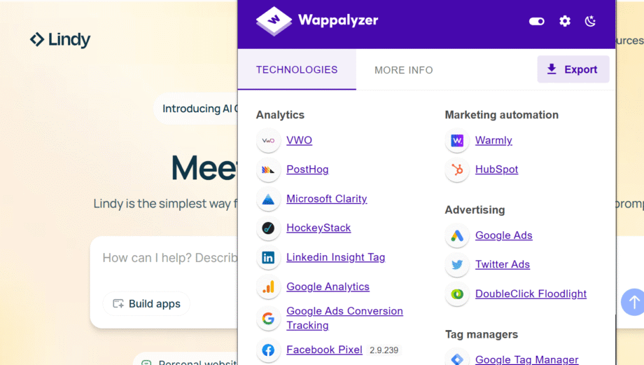 [Screenshot: Wappalyzer browser extension showing detected technologies on a website including React and Next.js]