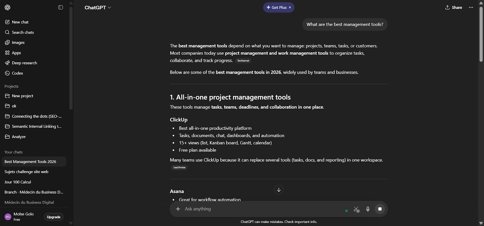 [Screenshot: Manually querying ChatGPT with a category question and reviewing the AI-generated answer for brand mentions and cited sources]
