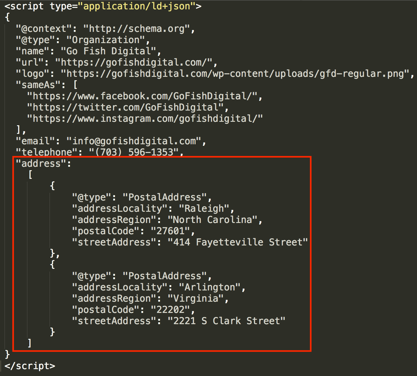 [Screenshot: Example of FAQPage schema markup in JSON-LD format added to a webpage&rsquo;s source code]