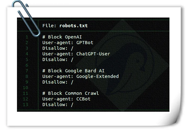 [Screenshot: Example robots.txt file showing how to allow specific AI crawler user agents like GPTBot, PerplexityBot, and ClaudeBot]