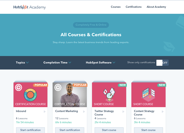 [Screenshot: HubSpot Academy SEO Certification Course page showing curriculum outline with lesson titles]