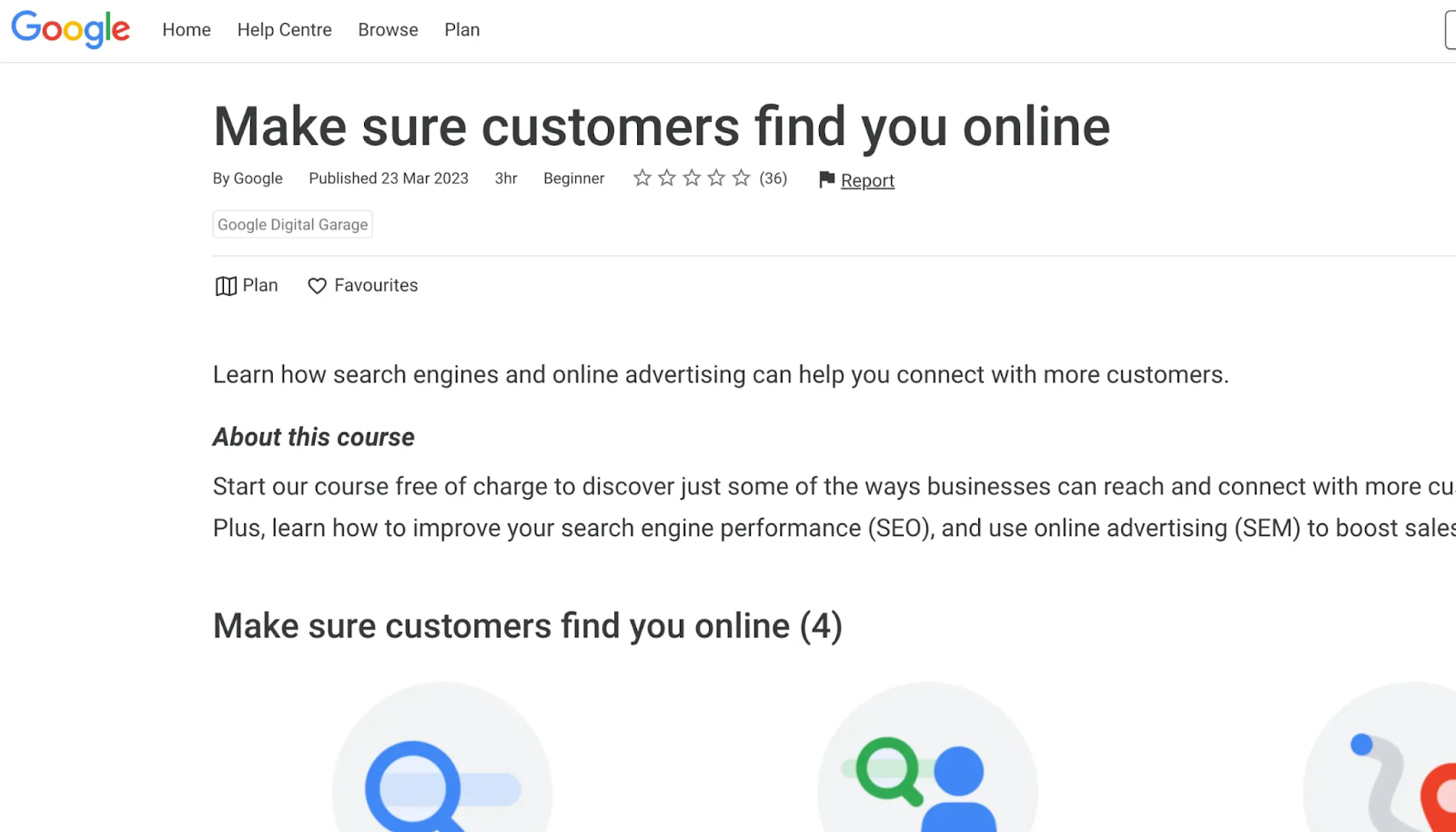 [Screenshot: Google Skillshop course page for &ldquo;Make Sure Customers Find You Online&rdquo; showing the learning modules]