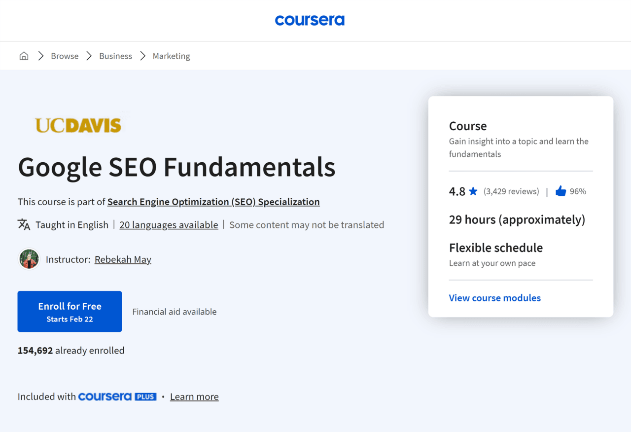 [Screenshot: Coursera course page for Google SEO Fundamentals by UC Davis showing the four-module structure]