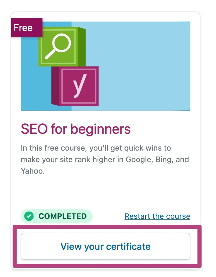 [Screenshot: Yoast SEO for Beginners training page showing the free course curriculum and certificate]