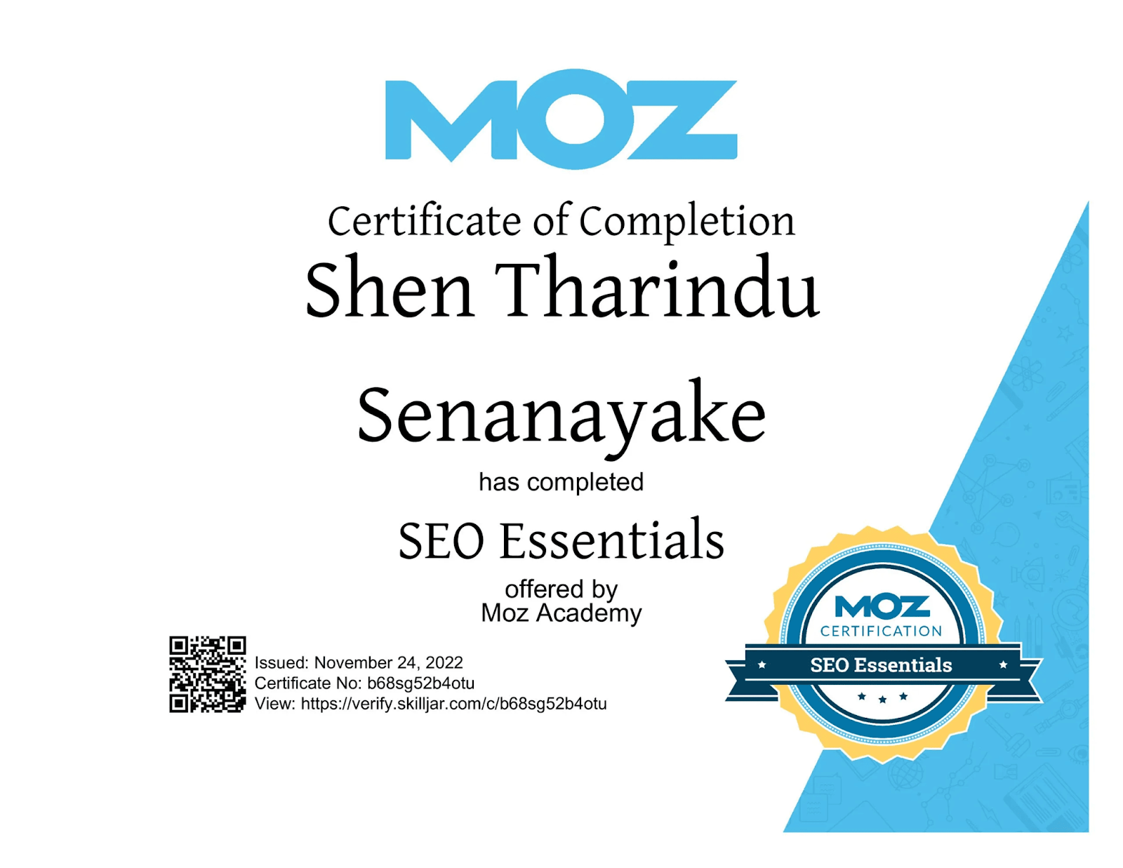 [Screenshot: Moz Academy SEO Essentials Certificate page showing the six-part course structure]