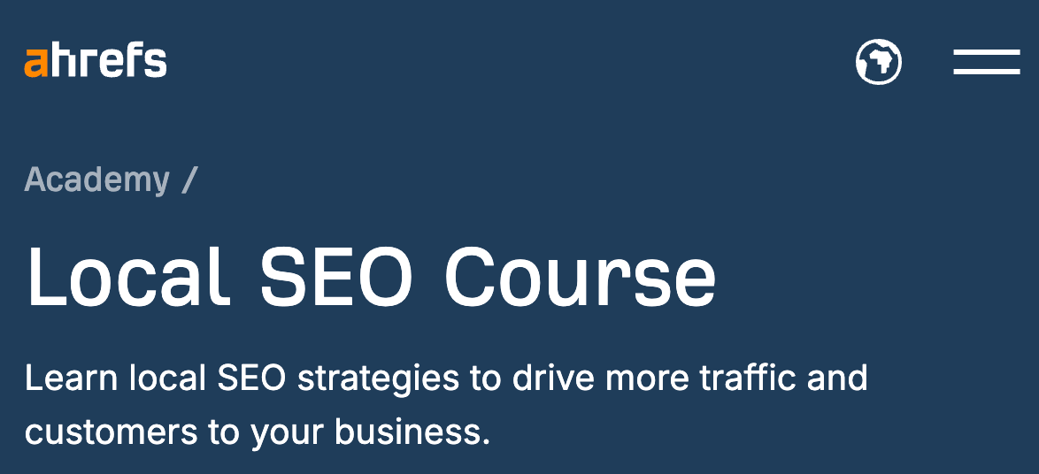 [Screenshot: Ahrefs Academy Local SEO Course page showing Sam Oh and the three-module structure]