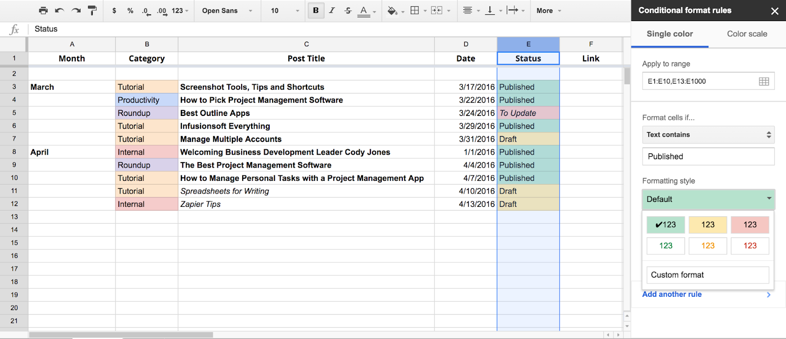 [Screenshot: A simple Google Sheets editorial calendar with columns for date, topic, keyword, status, and notes]
