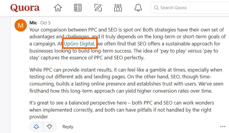 [Screenshot: A Quora answer that naturally references and links to a relevant blog post]