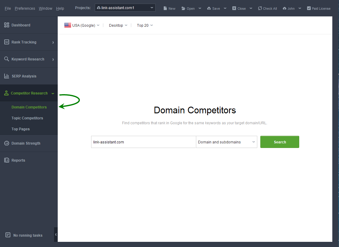 [Screenshot: The Competitive Analysis input form showing your domain as the target and competitor domains entered below]