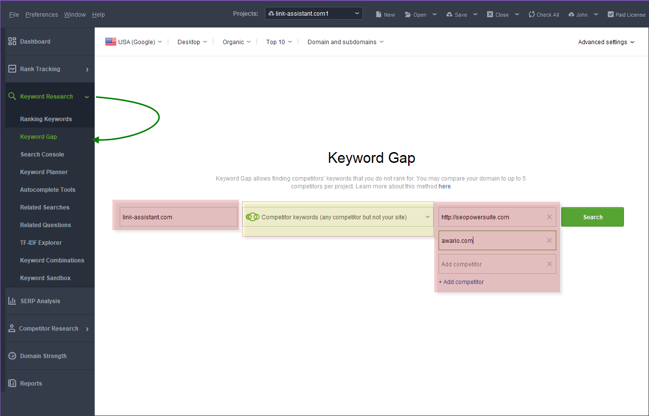 [Screenshot: Filter panel showing &ldquo;All competitors&rdquo; selected, narrowing the list to domains linking to every entered competitor]