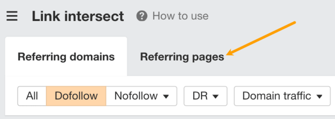 [Screenshot: The &ldquo;Dofollow&rdquo; filter toggle applied to the link intersect results]