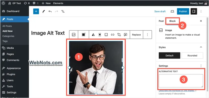 [Screenshot: WordPress media library showing the &ldquo;Alt Text&rdquo; input field on the right panel when an image is selected]