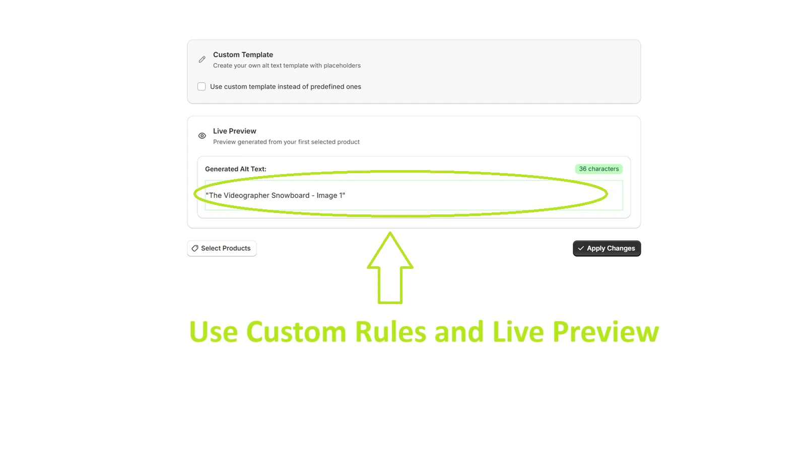 [Screenshot: Shopify product editor showing the &ldquo;Edit alt text&rdquo; dialog box for a product image]