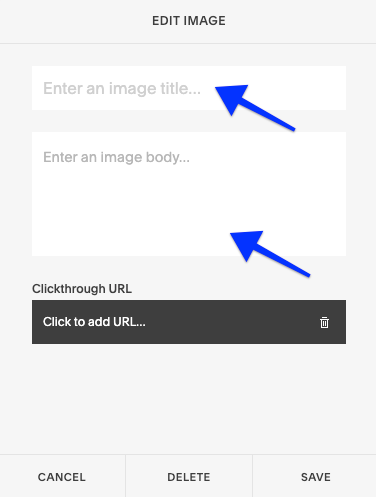 [Screenshot: Squarespace image block settings showing the alt text input field]