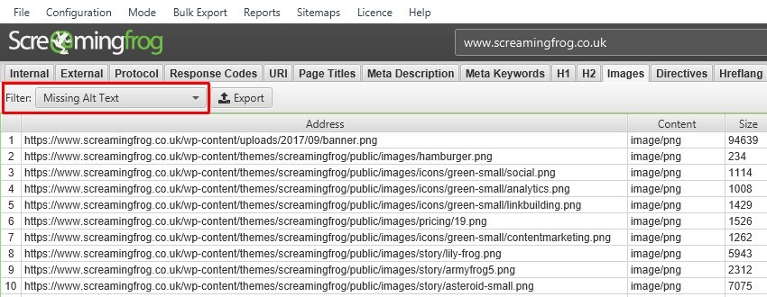 [Screenshot: Screaming Frog crawl results filtered to show images with missing alt text, displaying the URL, image source, and alt text column]