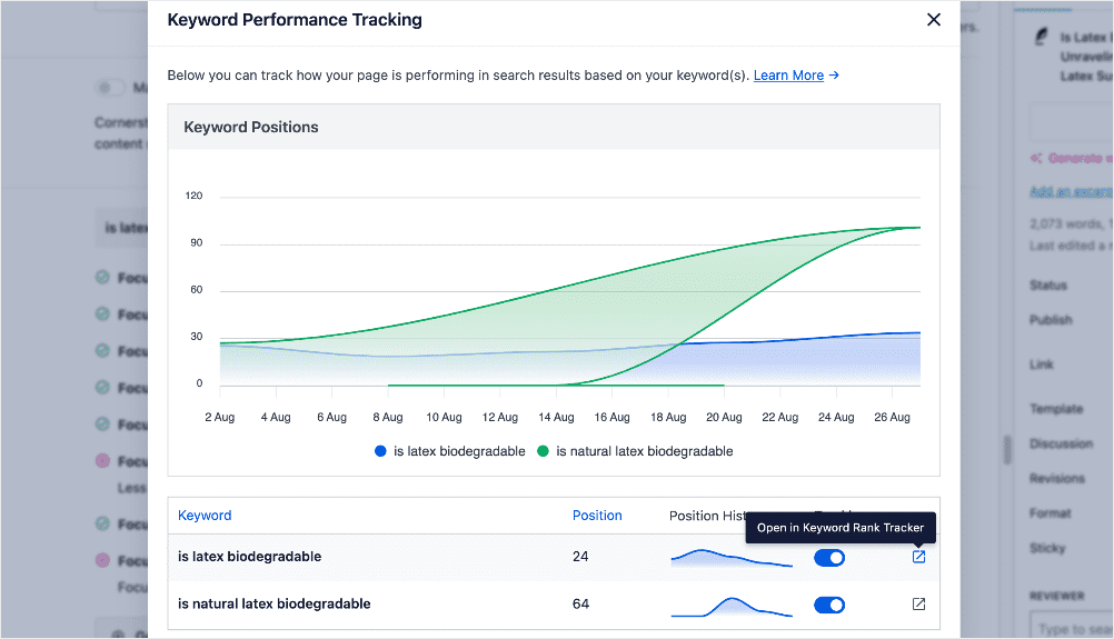 [Screenshot: Rank tracking graph showing position improvements for key category page terms after reducing content from 800 words to 70 words]