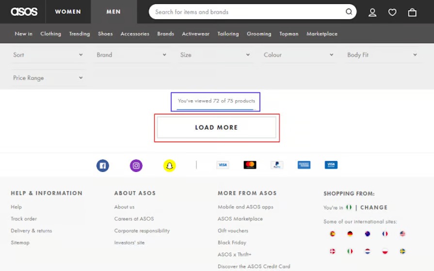[Screenshot: Example showing excessive pagination (e.g., ASOS with 176 pages) next to a better approach showing 5-10 pages plus links to more specific subcategories]