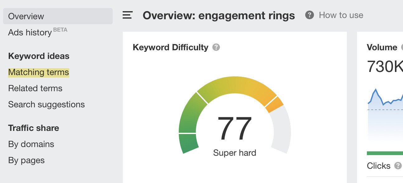 [Screenshot: Keyword research results showing long-tail variants of &ldquo;engagement rings&rdquo; with search volume and difficulty metrics]