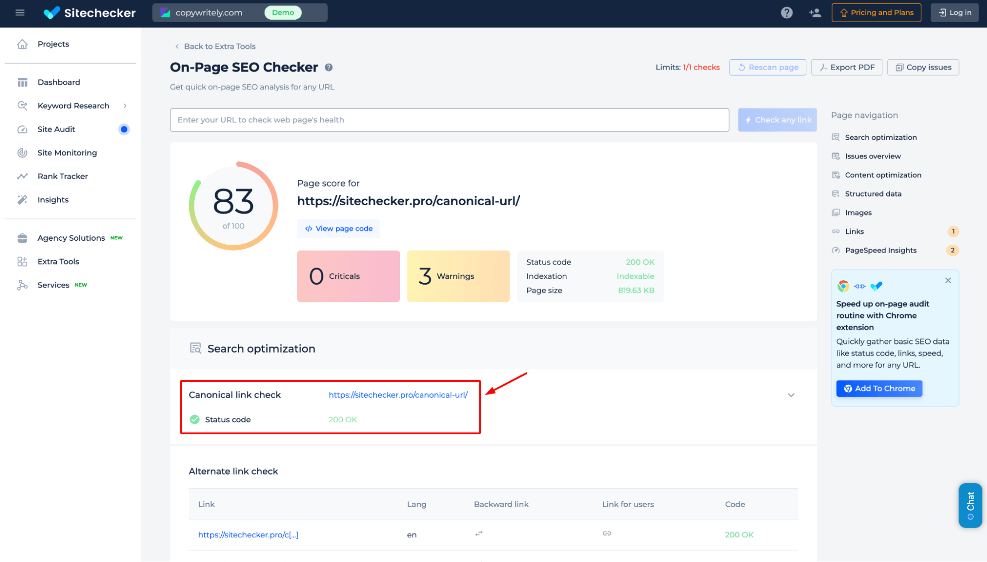 [Screenshot: Using an SEO toolbar to inspect a faceted URL and check the canonical tag, indexability status, and robots directives]