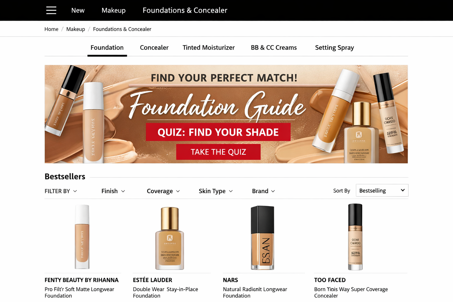 [Screenshot: Sephora or similar beauty retailer showing &ldquo;Foundation Guide&rdquo; or &ldquo;Quiz: Find Your Shade&rdquo; linked prominently from a foundation/concealer category page]
