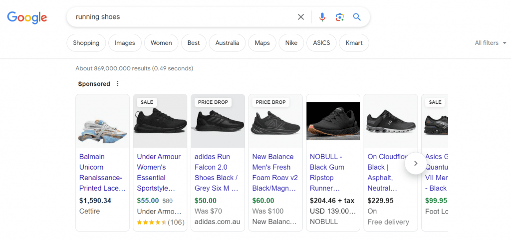 [Screenshot: Google search result showing breadcrumb markup&mdash;e.g., ShoeStore > Men > Running Shoes&mdash;displayed below the URL]