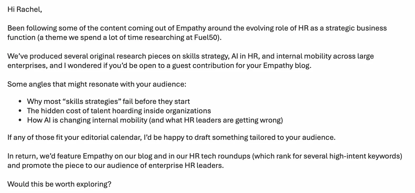 [Screenshot: Fuel50 outreach email to Empathy blog &mdash; initial pitch with specific topic angles and value proposition]