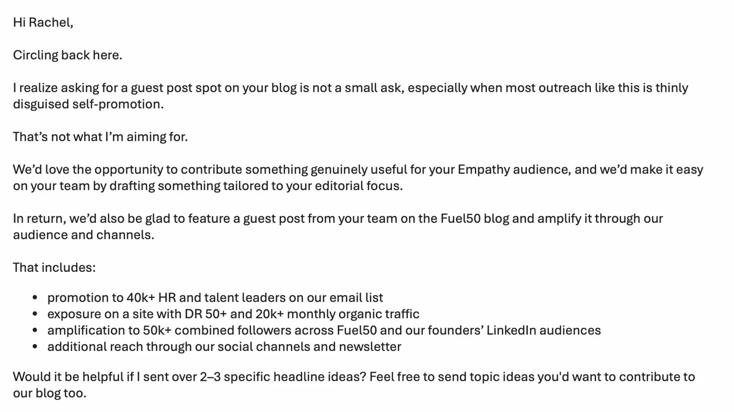 [Screenshot: Fuel50 follow-up email to Empathy &mdash; acknowledging the ask, addressing the self-promotion objection, and adding concrete value with distribution metrics]