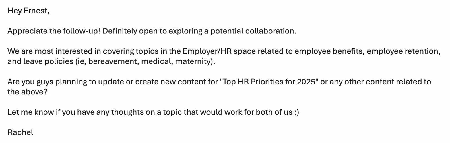 [Screenshot: Rachel&rsquo;s positive response from Empathy &mdash; expressing interest in collaboration and suggesting specific content topics]