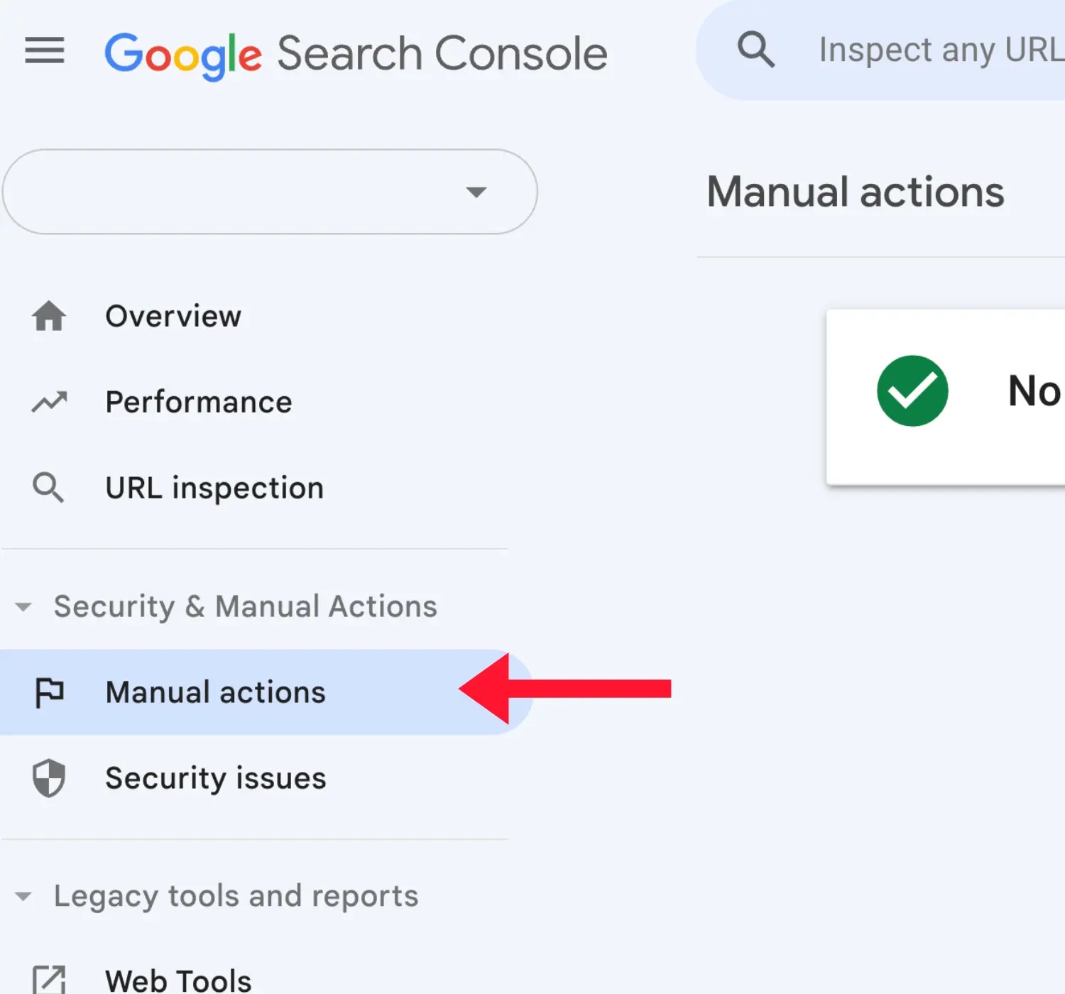 [Screenshot: Google Search Console menu showing the Manual Actions section]