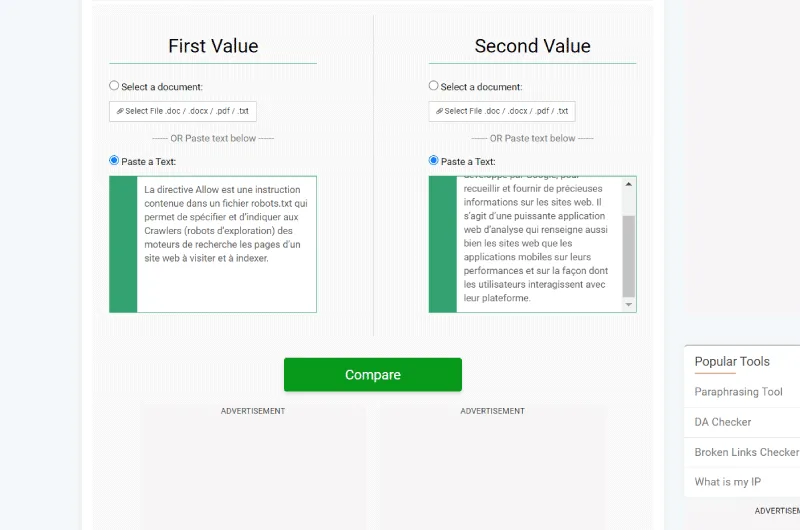 [Screenshot: A content change comparison tool showing before-and-after versions of a page]
