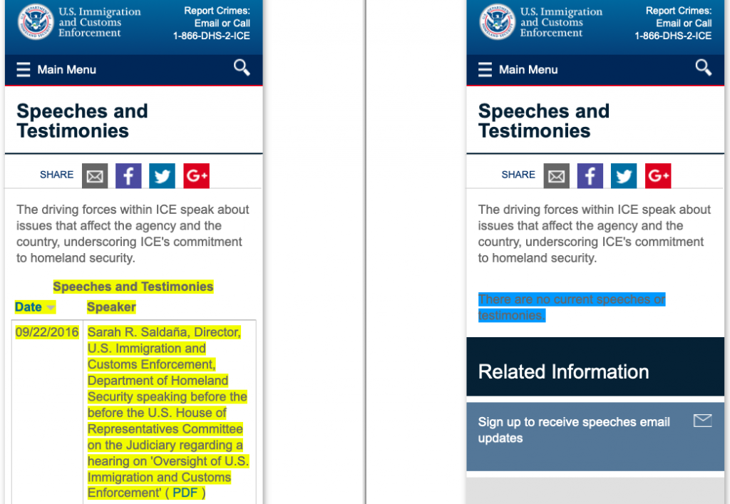 [Screenshot: Wayback Machine showing two snapshots of the same page side by side]