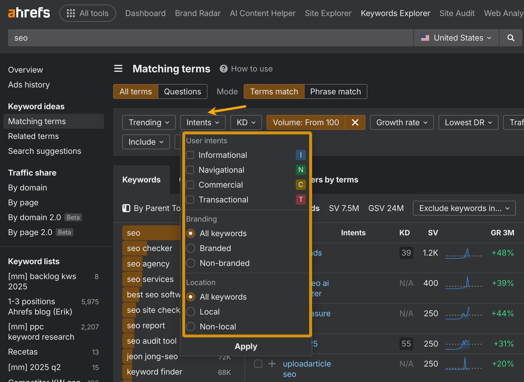 [Screenshot: A keyword tool with the Include filter set to informational modifiers like &ldquo;how to&rdquo; and &ldquo;what is,&rdquo; combined with a low KD filter]